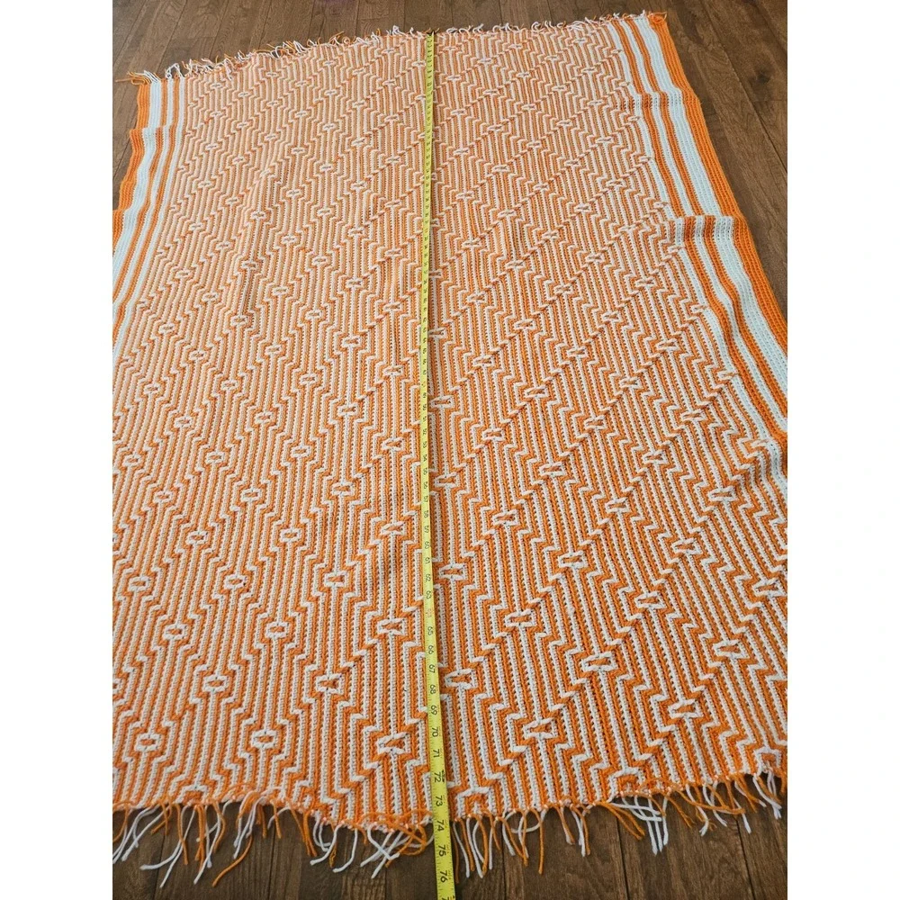 Vintage Hand Crocheted Afghan Blanket Throw‎ Orange White 74 x 54